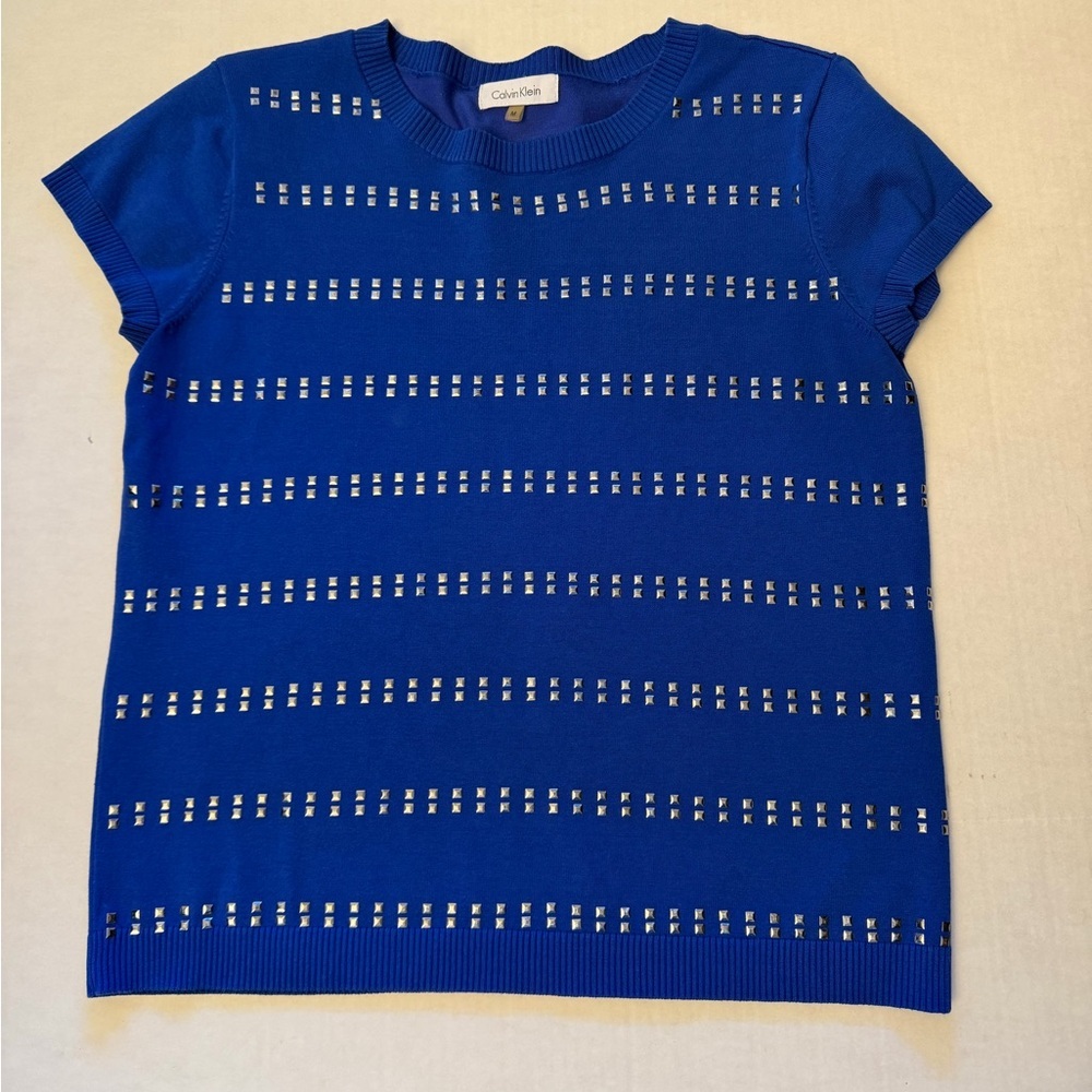 Calvin‎ Klein Royal Blue Short-Sleeve Studded Knit Top in Silk Blend Sz-M. L14